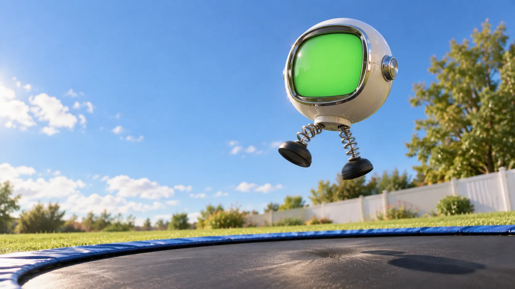 The jumper at the top of a bounce, blue sky behind, trampoline below.